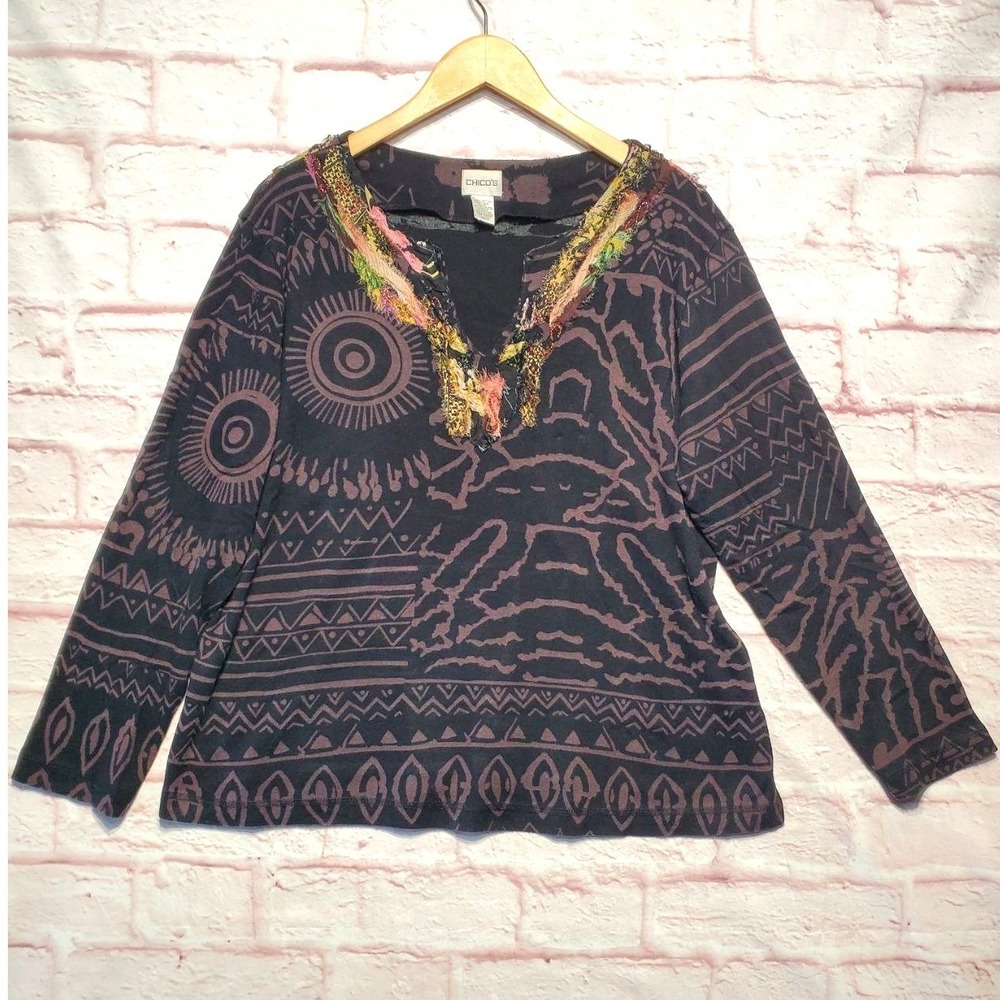 Chicos Tribal Print Top Womens Size‎ 3 XL Cotton Geometric V Neck Fringe Boho